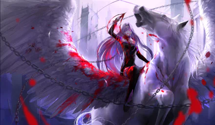 A striking anime wallpaper depicting a winged horse and a rider from Fate/stay night, surrounded by a dramatic backdrop and splashes of red, creating an intense and atmospheric scene.