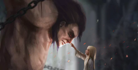 A captivating HD wallpaper featuring Illyasviel Von Einzbern reaching out to Berserker from Fate/stay night, set in a dramatic, ethereal background with floating petals.