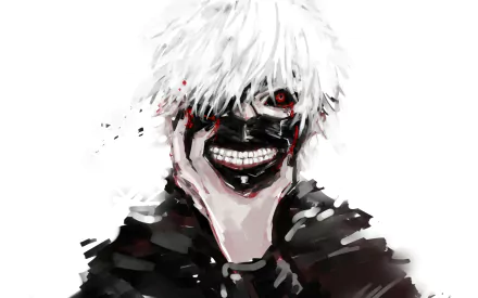HD desktop wallpaper featuring Ken Kaneki from the anime Tokyo Ghoul, displaying his ghoul form with white hair, red eyes, and a menacing grin surrounded by a dark, chaotic background.
