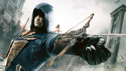 Arno Dorian, the assassin from Assassin's Creed: Unity, brandishes a crossbow in this HD wallpaper, showcasing the game's dynamic and immersive atmosphere.