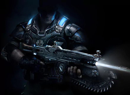 A soldier in futuristic armor holds a rifle, illuminated by a beam of light, set against a dark background inspired by Gears of War 4, showcasing a dramatic HD gaming aesthetic.