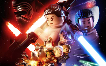 HD desktop wallpaper featuring characters from LEGO Star Wars: The Force Awakens, showcasing a vibrant battle scene with iconic figures and starships.