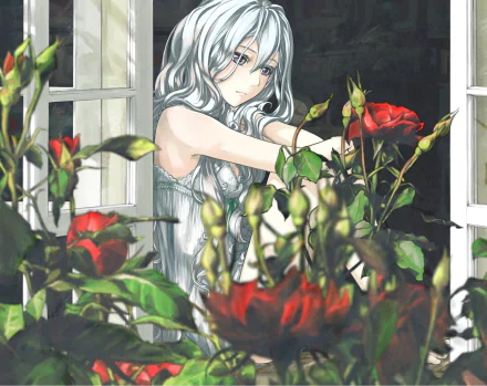 A sad anime character with long white hair gazes out from a window, surrounded by vibrant red roses, creating an emotional and captivating HD wallpaper.