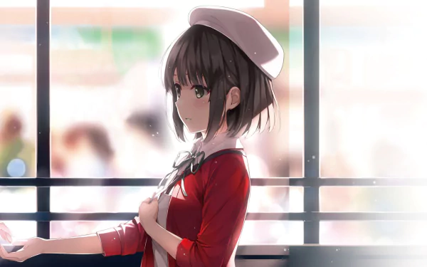 Megumi Katō from Saekano: How to Raise a Boring Girlfriend is featured in this HD desktop wallpaper, capturing her thoughtful expression against a blurred background.