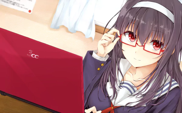 A vibrant HD wallpaper featuring Utaha Kasumigaoka from *Saekano: How to Raise a Boring Girlfriend*, set in a cozy room with her working on a laptop while wearing glasses.