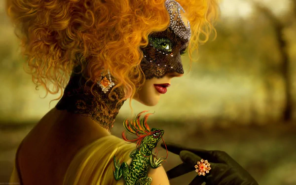 A glamorous woman with vibrant red hair, adorned in a masquera mask, jewelry, and elegant gloves, gazes over her shoulder, accompanied by a colorful lizard in a fantasy setting.