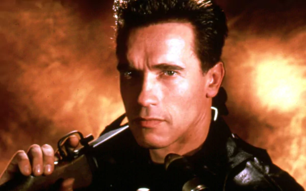 High-definition wallpaper featuring Arnold Schwarzenegger from the movie *Terminator 2: Judgment Day*, showcasing his iconic look against a dramatic backdrop.