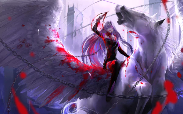 A striking anime wallpaper depicting a winged horse and a rider from Fate/stay night, surrounded by a dramatic backdrop and splashes of red, creating an intense and atmospheric scene.