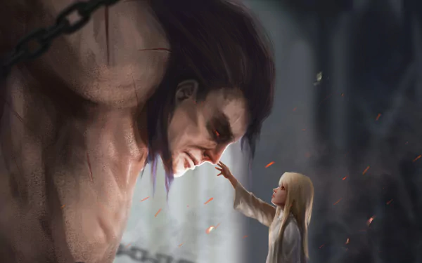 A captivating HD wallpaper featuring Illyasviel Von Einzbern reaching out to Berserker from Fate/stay night, set in a dramatic, ethereal background with floating petals.