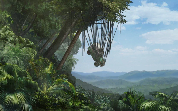 HD PC desktop wallpaper background — Archer (TV Show): lush tropical jungle vista with a vine-wrapped hanging pod over a misty canopy and distant blue mountains.