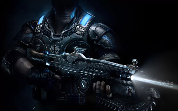 A soldier in futuristic armor holds a rifle, illuminated by a beam of light, set against a dark background inspired by Gears of War 4, showcasing a dramatic HD gaming aesthetic.