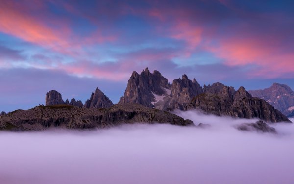 Earth Mountain Mountains Dolomites Italy Fog Sunset Sky Pink Purple HD Wallpaper | Background Image