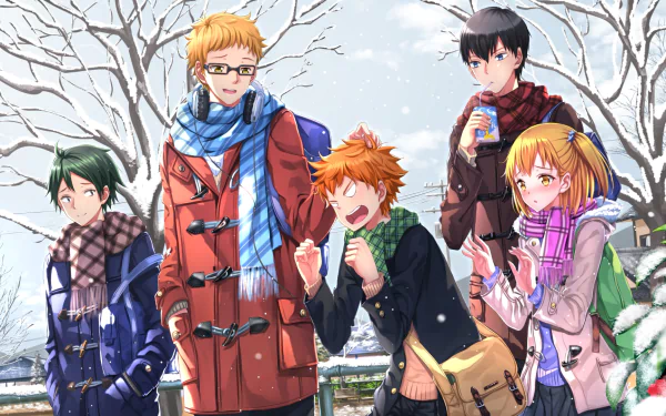 HD desktop wallpaper featuring characters from the anime Haikyū!! in winter attire, standing outdoors with a snowy backdrop.