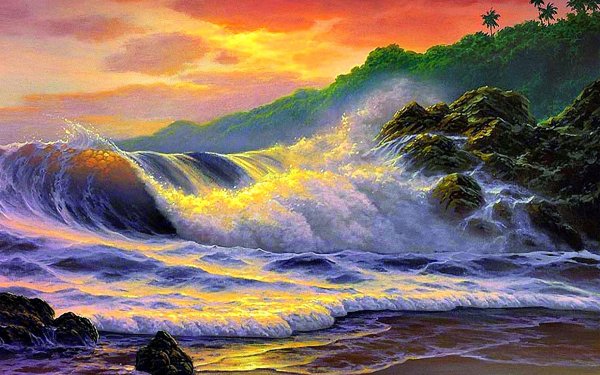 Artistic Painting Ocean Beach Coastline Wave Tropical Sunset orange HD Wallpaper | Background Image