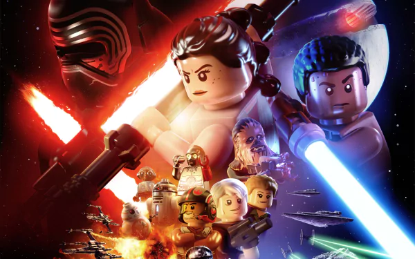 HD desktop wallpaper featuring characters from LEGO Star Wars: The Force Awakens, showcasing a vibrant battle scene with iconic figures and starships.