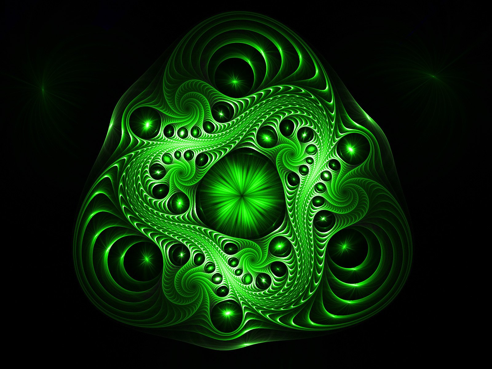 Abstract green fractal CGI pattern with intricate swirling shapes and textured details, designed as a vibrant HD PC desktop wallpaper background.