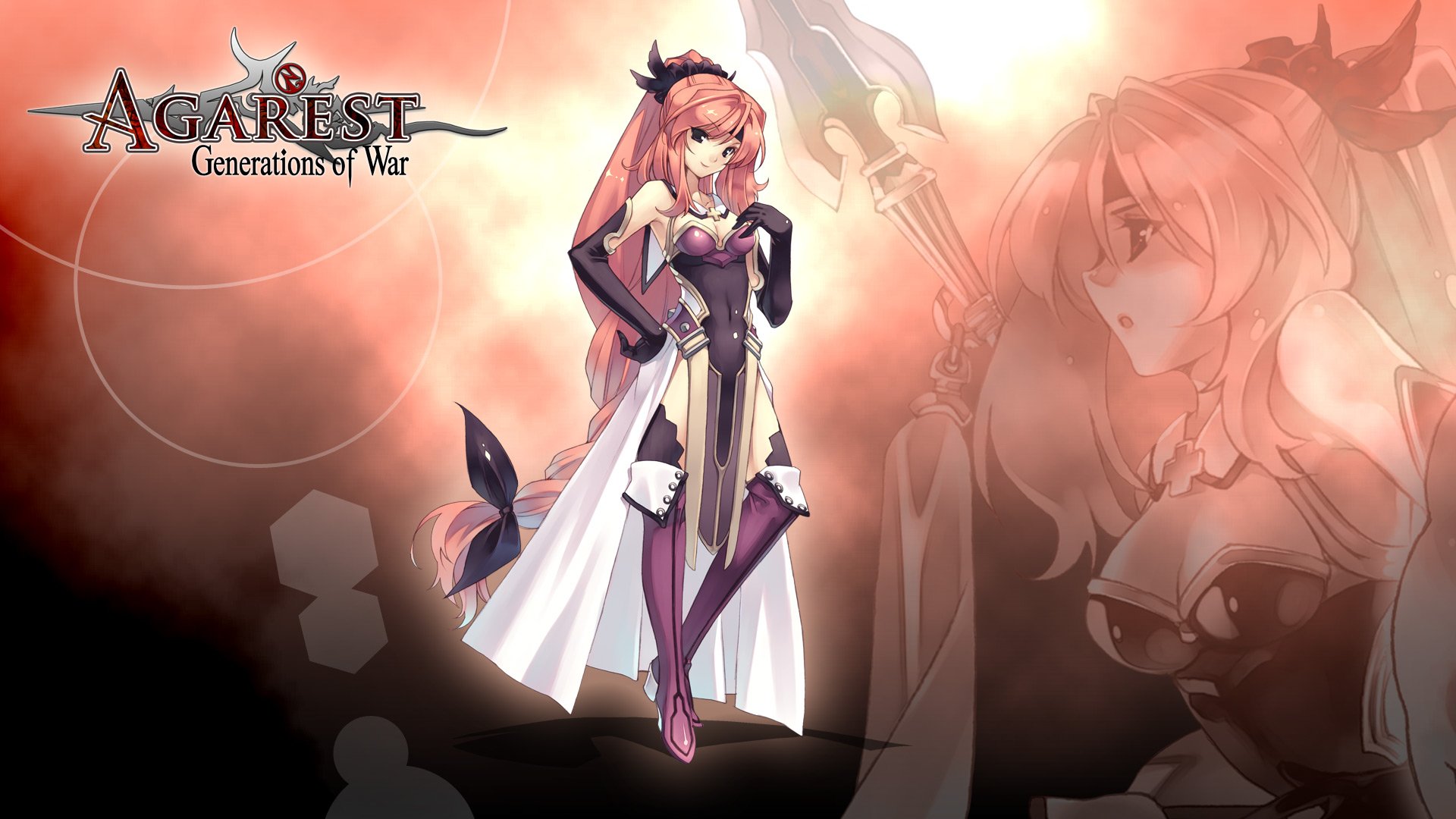 HD PC desktop wallpaper for the video game Agarest: Generations of War — pink-haired anime heroine in ornate armor and flowing cape, game logo in the upper-left.