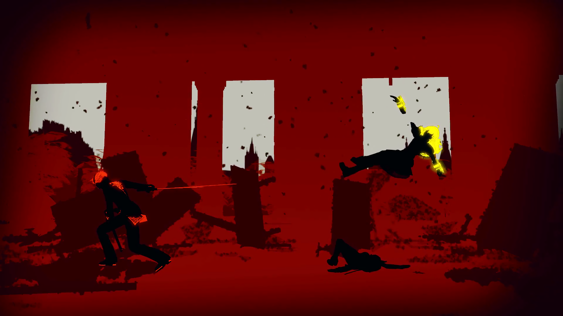 HD PC desktop wallpaper: stylized red RWBY anime scene showing Yang Xiao Long and Blake Belladonna silhouetted mid-combat in a ruined interior, Yang's yellow hair and a blast visible.