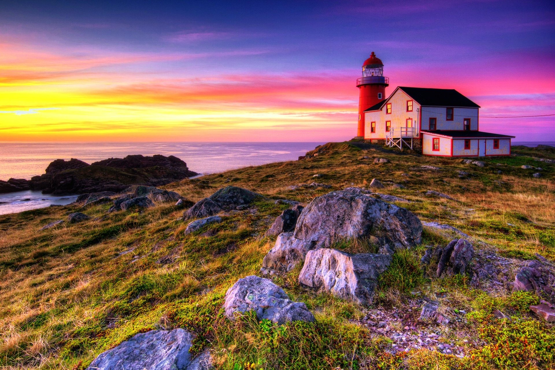 Download HDR Sunset Ocean Man Made Lighthouse HD Wallpaper