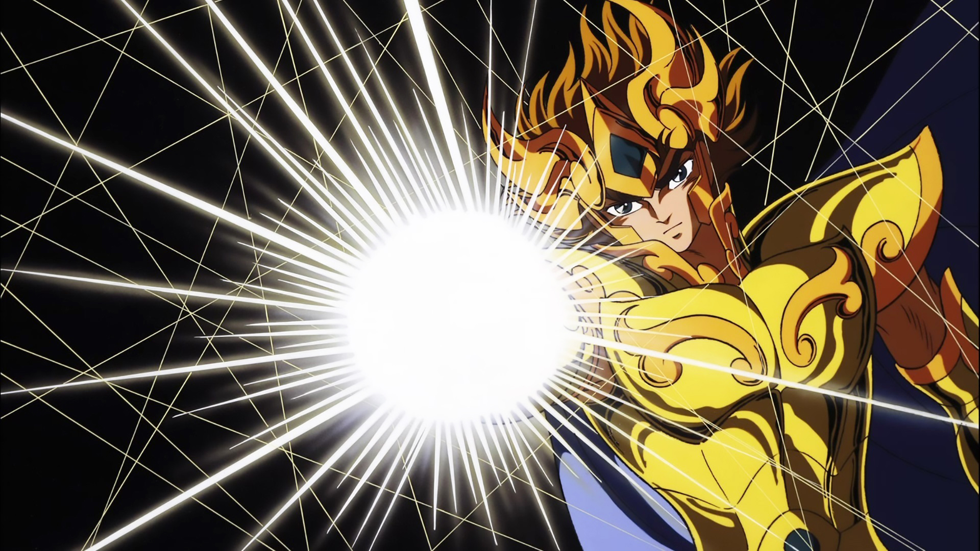 HD PC desktop wallpaper featuring Leo Aiolia from the anime Saint Seiya, depicted in golden armor unleashing a radiant energy attack.