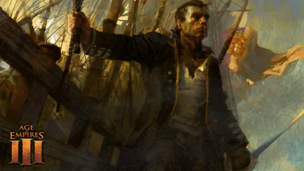 A dynamic HD wallpaper from Age of Empires III, featuring a determined figure on a ship, set against a backdrop of sails and ocean, capturing the essence of historic naval battles.