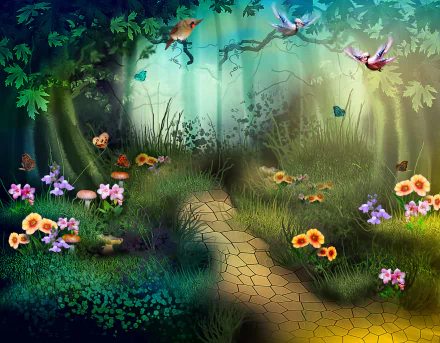 A vibrant fantasy forest with birds, colorful flowers, butterflies, and a stone path winding through lush grass and trees, captured in an artistic HD desktop wallpaper.