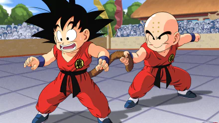 A vibrant HD desktop wallpaper featuring Krillin and Goku from Dragon Ball, showcasing their playful interaction in a colorful anime setting.