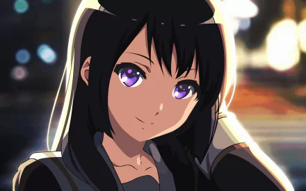 Anime character Reina Kousaka features prominently with her black hair and striking purple eyes, set against a vibrant background, creating an engaging HD desktop wallpaper.