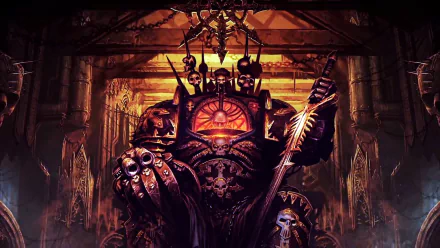 HD PC desktop wallpaper featuring a dark, armored figure from Warhammer 40k, inspired by the Battlefleet Gothic Armada video game universe.