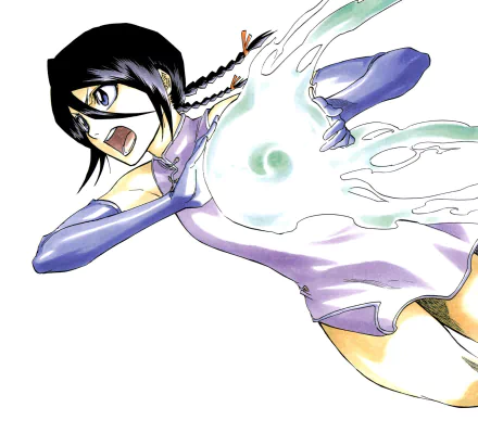 Anime HD desktop wallpaper featuring Rukia Kuchiki from Bleach with short black hair, purple eyes, wearing a flowing dress in dynamic action pose.