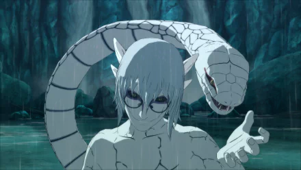 HD wallpaper featuring Kabuto Yakushi from Naruto Shippuden: Ultimate Ninja Storm 4, with a striking white snake coiled around him in a dramatic, rain-soaked environment.