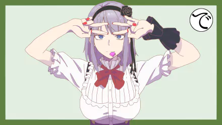 A vibrant HD wallpaper featuring Shidare Hotaru from Dagashi Kashi, showcasing her purple hair, blue eyes, and playful pose with a headband and a pink candy.