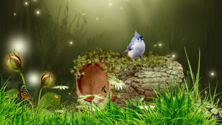 A vibrant HD fantasy art wallpaper featuring a bluebird perched on a mossy log surrounded by grass, sparkles, and butterflies in a mystical forest setting.