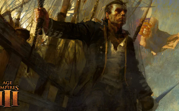 A dynamic HD wallpaper from Age of Empires III, featuring a determined figure on a ship, set against a backdrop of sails and ocean, capturing the essence of historic naval battles.