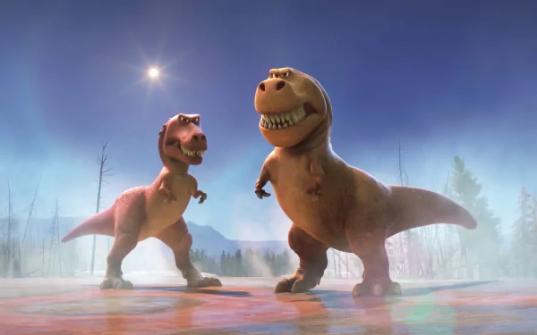HD desktop wallpaper featuring two dinosaurs from the movie The Good Dinosaur, set against a scenic background with a bright sky and distant mountains.