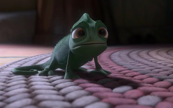 HD PC desktop wallpaper and background from the movie Tangled: Pascal the green chameleon perched on a braided rug, bathed in soft, warm lighting.