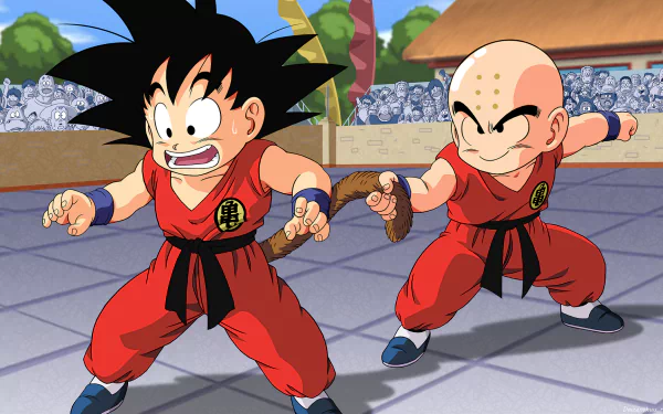 A vibrant HD desktop wallpaper featuring Krillin and Goku from Dragon Ball, showcasing their playful interaction in a colorful anime setting.