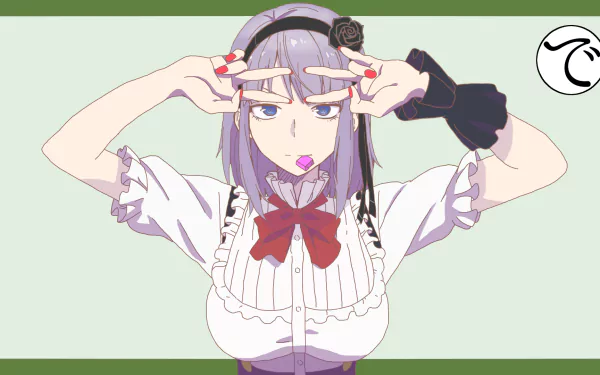 A vibrant HD wallpaper featuring Shidare Hotaru from Dagashi Kashi, showcasing her purple hair, blue eyes, and playful pose with a headband and a pink candy.