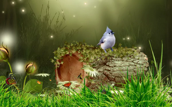 A vibrant HD fantasy art wallpaper featuring a bluebird perched on a mossy log surrounded by grass, sparkles, and butterflies in a mystical forest setting.