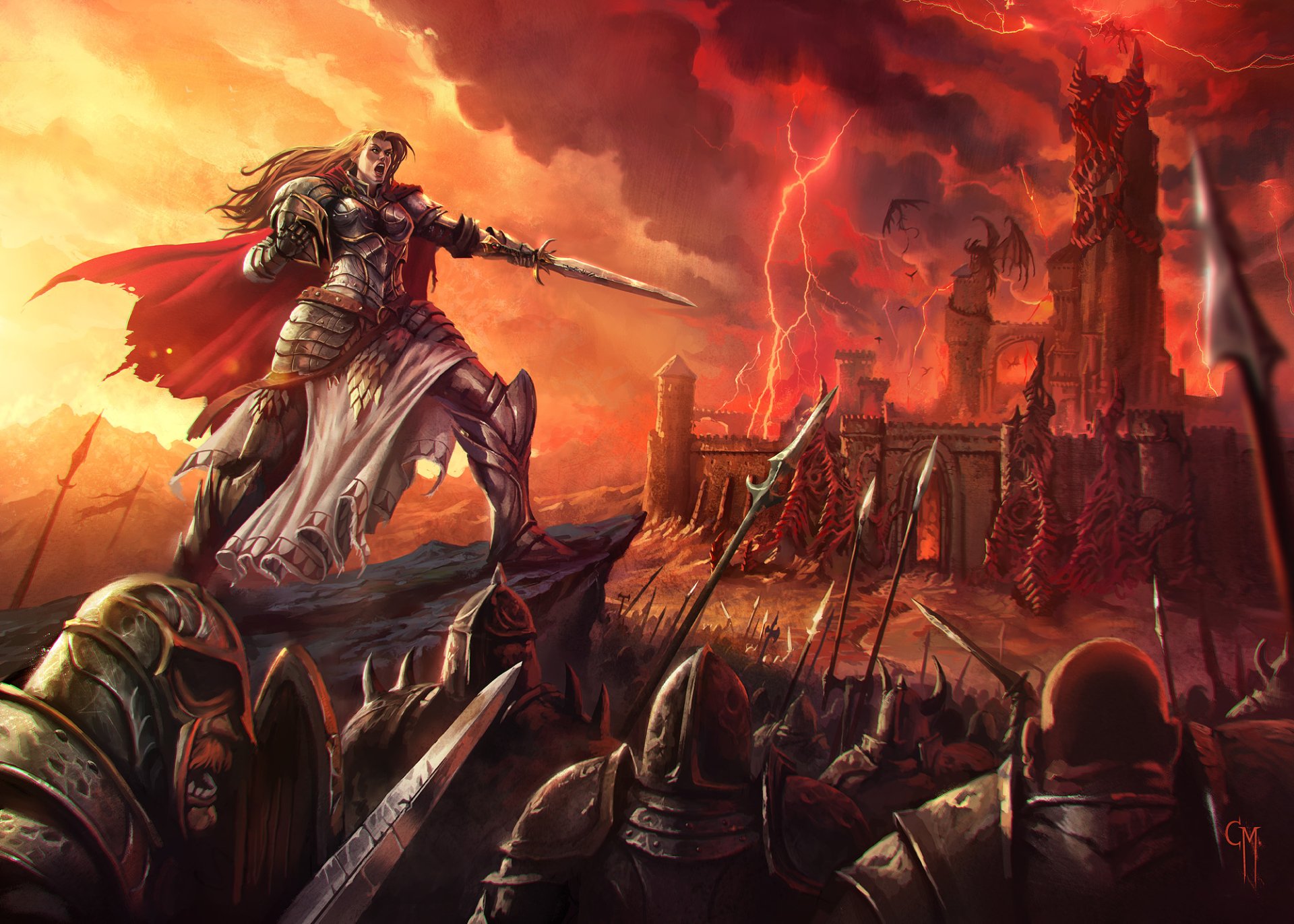 A woman warrior in armor wields a sword atop a rock, facing a looming dragon and fiery castle as soldiers gather below in a dramatic fantasy battle scene.
