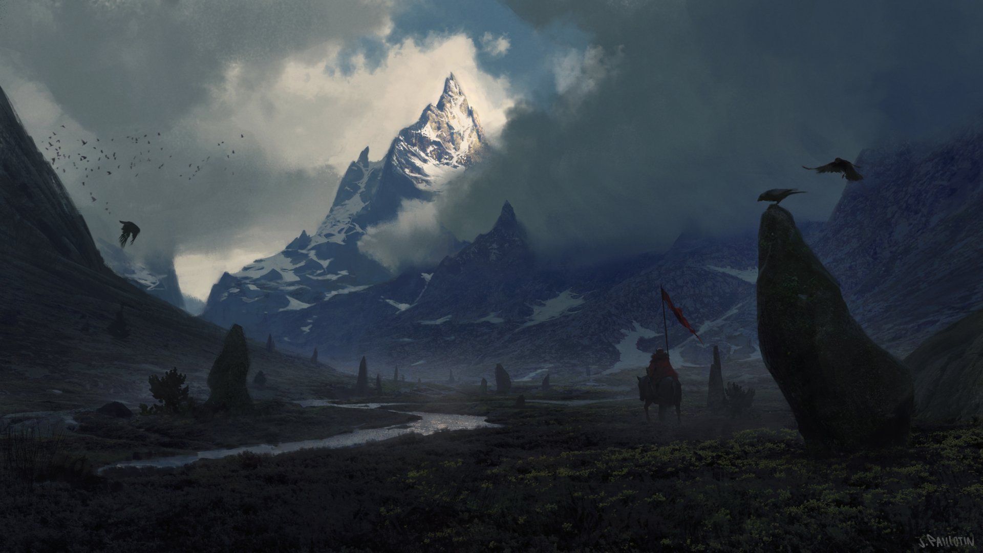 A dramatic fantasy landscape featuring a towering mountain peak, a warrior silhouetted in the foreground, and a crow flying above, all set against a moody sky. HD desktop wallpaper.