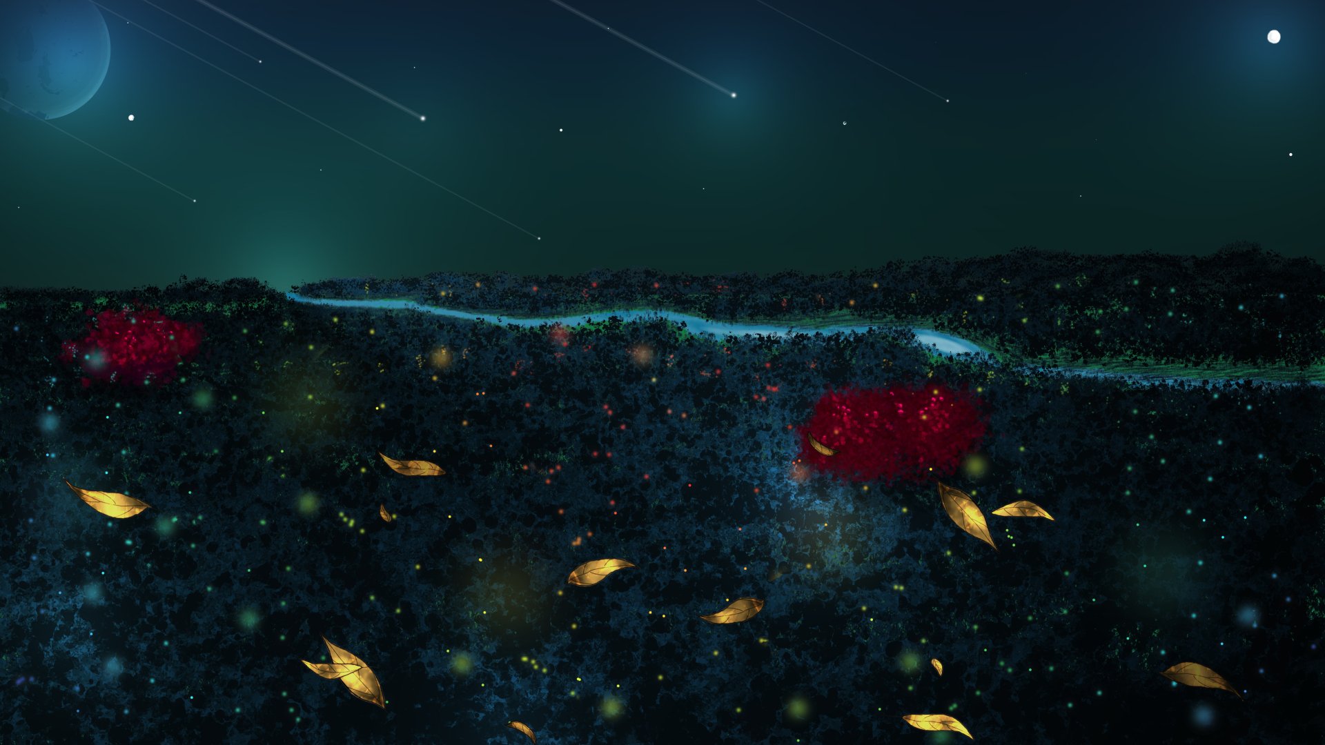 A vibrant artistic landscape painting featuring a winding river and floating leaves under a starry sky, showcasing planets and celestial elements. A stunning 4K Ultra HD wallpaper.