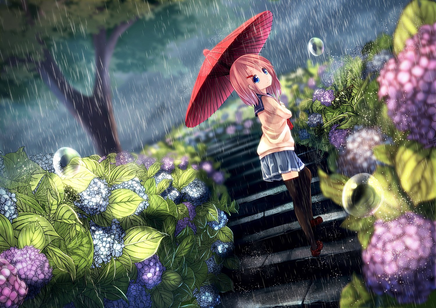 A serene anime scene featuring a girl in a light sweater and knee-high socks, holding a red umbrella while standing on a stone path surrounded by vibrant flowers and trees in the rain.