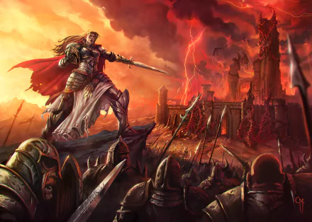 A woman warrior in armor wields a sword atop a rock, facing a looming dragon and fiery castle as soldiers gather below in a dramatic fantasy battle scene.