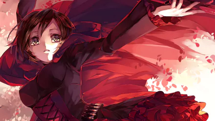 HD PC desktop wallpaper featuring Ruby Rose from the anime RWBY, showcasing her dynamic pose and distinctive red and black outfit.
