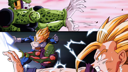 Action-packed HD wallpaper featuring Piccolo, Vegeta, Gohan, and Cell from Dragon Ball Z, showcasing a dramatic moment from the anime series.