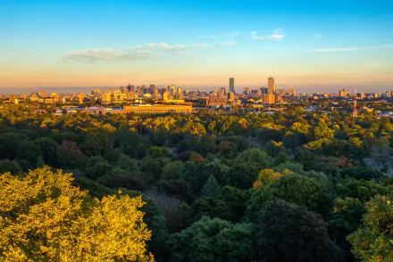 HD desktop wallpaper showing Boston skyline with a vibrant cityscape on the horizon above dense green trees in a natural landscape under a clear blue sky.