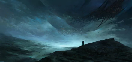 A lone figure stands on a rocky cliff beneath a colossal, shadowy creature in a dark, atmospheric fantasy scene—an artistic HD PC desktop wallpaper.