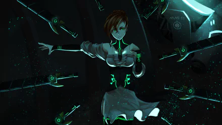 A dynamic HD wallpaper featuring Penny Polendina from RWBY, showcasing her with glowing accents and striking a powerful pose amidst an abstract backdrop.