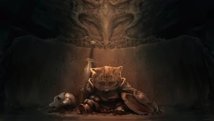 A cat warrior from The Elder Scrolls V: Skyrim sits in armor with a shield, helmet, and sword, against a mystical backdrop. HD wallpaper and background for video game enthusiasts.
